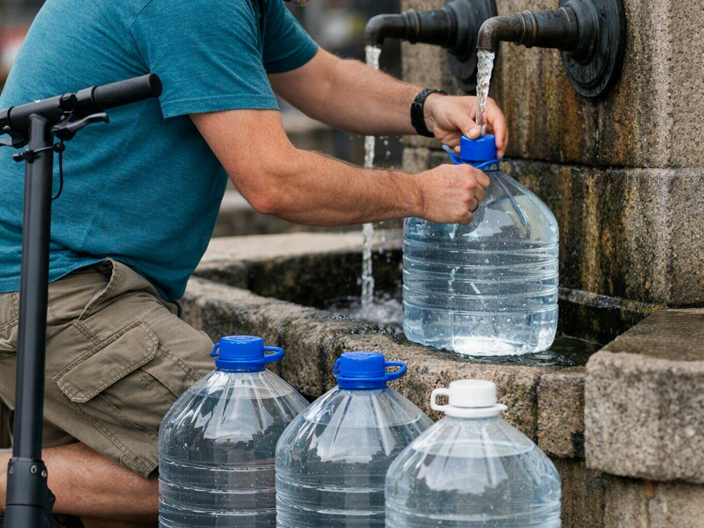 Patinetes con garrafones abusando del agua de fuentes en Vitoria